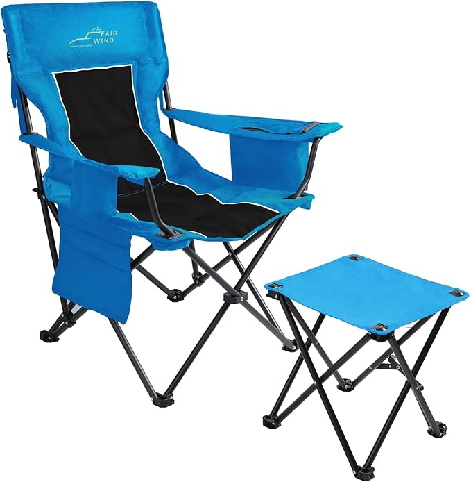 FAIR WIND Oversized Padded Camping Chair with Footrest Stool Heavy Duty Cooler Bag Chair for Fishing, Tailgating, Sports Games, Backyard - Support 300 LBS Blue by FAIRWINDOutdoorEquipment