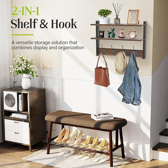 Two-Tier Wall Shelf with Hooks, Key Hooks - Image 3