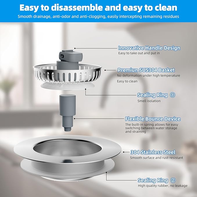 Hibbent 3 in 1 Kitchen Sink Drain Strainer, Stainless Steel Drain Stopper Combo - Image 6