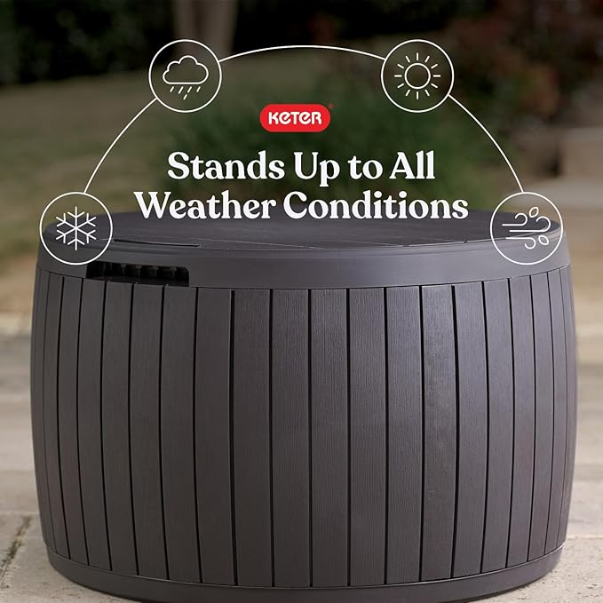 Keter Circa 37 Gallon Deck Box Organizer, Works as Ottoman Chair or Side Table, Brown – Large Resin Round Outdoor Storage and Seating for Garden, Pool, and Patio - Image 3