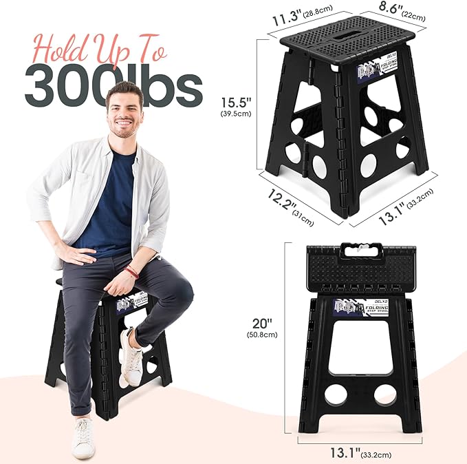 Delxo Folding Step Stool 16 Inch,Non-Slip Foldable Stools for Adults Up to 300 LBS,Kitchen Collapsible Fold Up Stepping Stool with Dotted 1 Pack,Black - Image 3