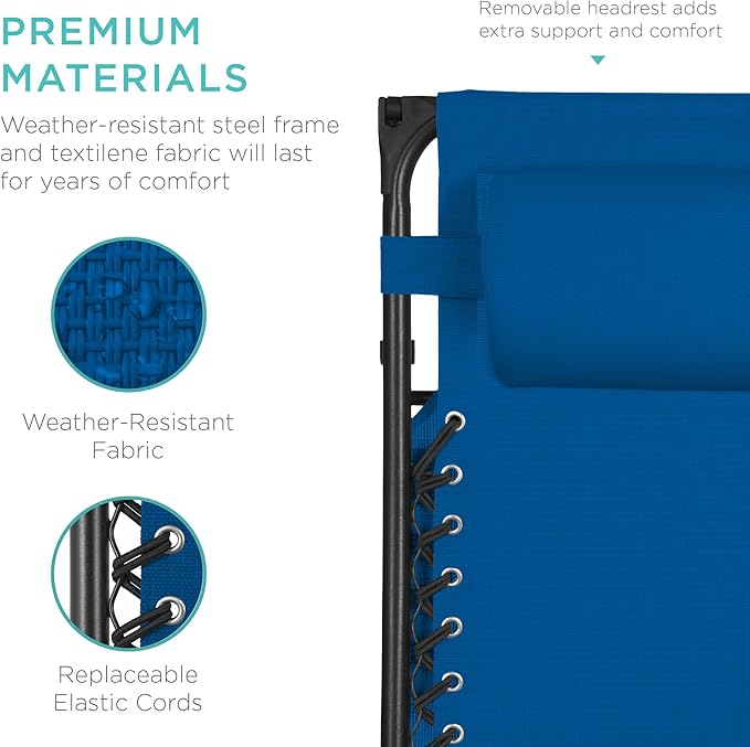 Best Choice Products Folding Zero Gravity Outdoor Recliner Patio Lounge Chair w/Adjustable Canopy Shade, Headrest, Side Accessory Tray, Textilene Mesh - Marine Blue - Image 5