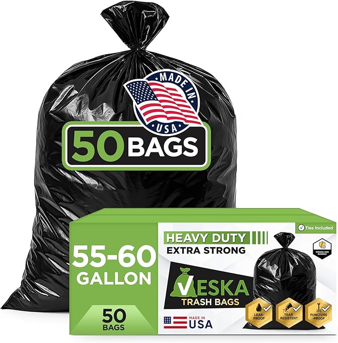 Veska 55 Gallon Trash Bags Heavy Duty, 55-60 Gallon Trash Bags Large Black by Veska