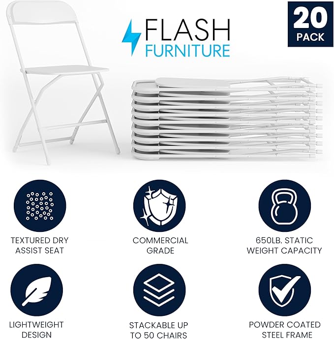 Flash Furniture Hercules Series Plastic Folding Chair - White - 20 Pack 650LB Weight Capacity Comfortable Event Chair-Lightweight Folding Chair - Image 3