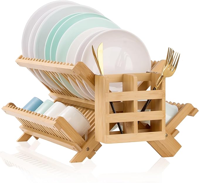 Bmaboo Dish Drying Rack for Kitchen Counter 3-Tier Collapsible Wooden Dish by NOVAYEAH