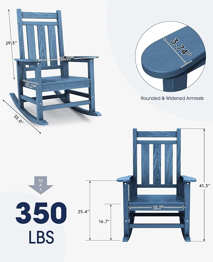 KINGYES Oversized Outdoor Rocking Chair Set of 2, All-Weather Patio Rocking Chairs for Porch, HDPE Outdoor Patio Rockers with High Back & Wide Seat for Garden, Lawn, Blue - Image 3