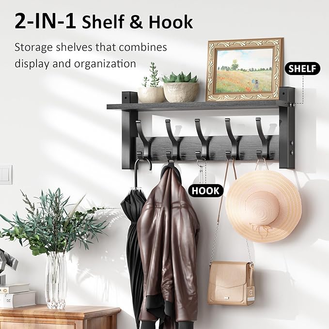 Coat Rack Wall Mount with Shelf, 17.1 Inch Coat Hanger Walls Mounted, Hat Rack - Image 4