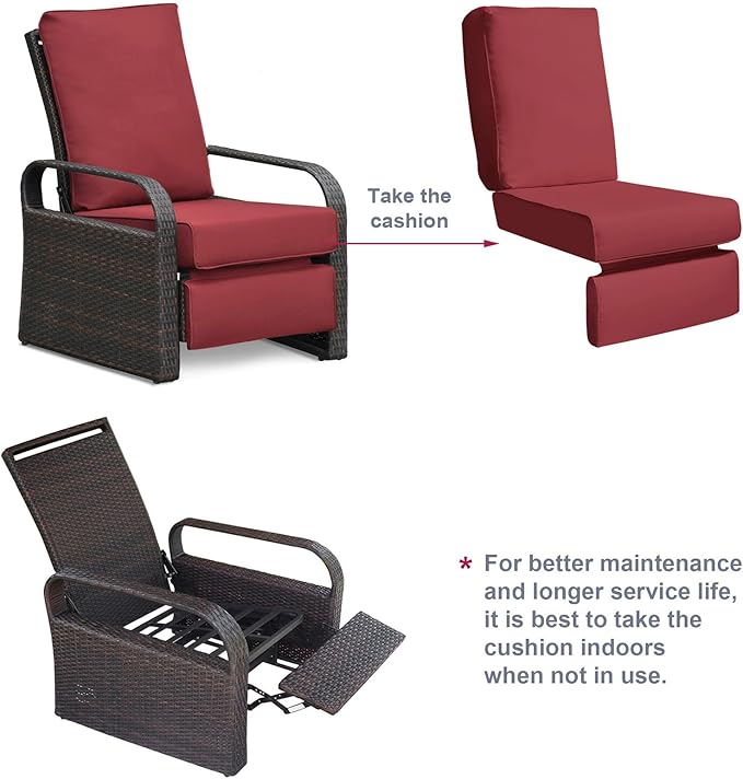 Outdoor Recliner, Outdoor Resin Wicker Patio Recliner Chair with 5.5'' Cushions, Patio Furniture Auto Adjustable Rattan Sofa, UV/Fade/Water/Sweat/Rust Protected, Easy to Assemble (Red) - Image 9