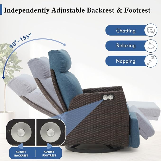 Adjustable Outdoor Recliner Chair with Independent Backrest & Footrest, Patio Swivel Recliner Chair, Wicker Reclining Patio Chair w/Flip-Up Table, 155° Lay Flat Chaise Lounge, Blue, 2PCS - Image 4
