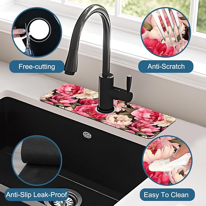 Garden Flowers Sink Splash Guard Faucet Mat Watercolor Peonies Super Absorbent - Image 4