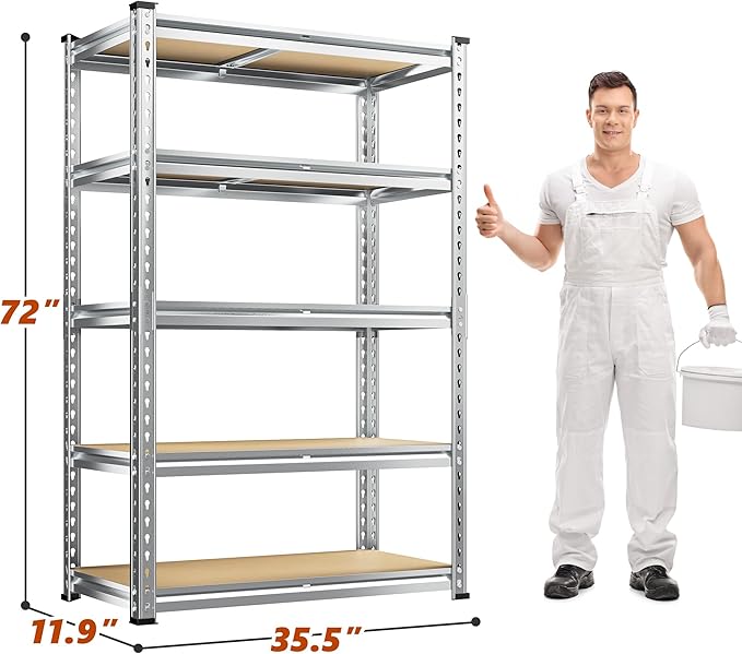 REIBII Garage Shelving, 5 Tier Storage Shelves Load 2400LBS, Adjustable Garage Shelves Heavy Duty, Metal Shelving Unit with Waterproof Columns for Warehouse, 35.5" W x 11.9" D x 72" H, Galvanized - Image 3