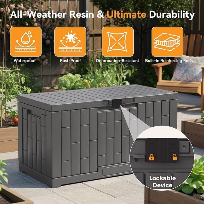 NEWBULIG 60 Gallon Deck Box, Waterproof Outdoor Storage Box with Lockable Lid, Patio Furniture Bench & Side Table, Outside Storage Container, Tool-Free Assembly, for Garden, Pool, Grey - Image 4