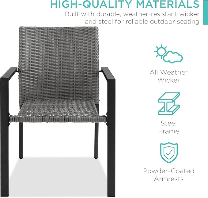 Best Choice Products Set of 2 Stackable Outdoor Wicker Dining Chairs All-Weather Firepit Armchair w/Armrests, Steel Frame for Patio, Deck, Garden, Yard - Gray - Image 4
