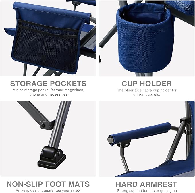 EVER ADVANCED Oversized Folding Camping Chair, for Adults Heavy Duty Lawn Chair with Side Pockets, Portable Collapsible Quad Chair for Outside, Support Up to 500lbs, Blue - Image 7