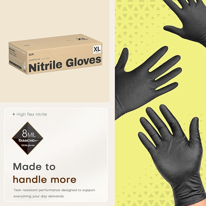 SUPER+ HEAVY DUTY Nitrile Gloves 8 Mil Diamond Texture Disposable Chemical - Image 4