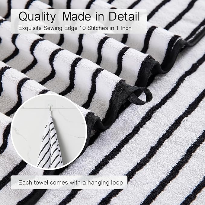 4 Pcs Black White Cabana Stripe Large Bath Towels 35"x70" Oversized Bath Sheet - Image 5
