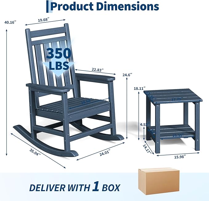 GarveeLife Poly Lumber Rocking Chair Outdoor Set of 2 with Side Table - HDPE High Back Porch Rocker Chairs for Adults - All Weather Resistant Furniture for Patio - Navy Blue - Image 2