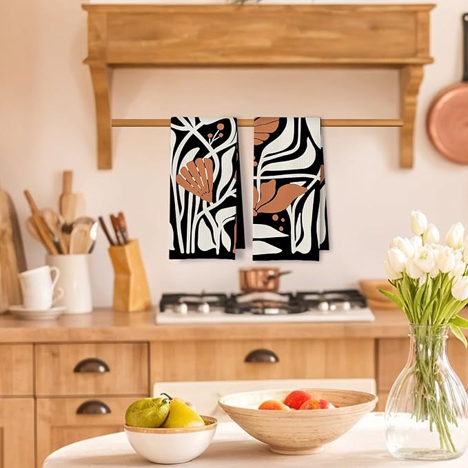 Abstract Boho Black and Beige Brown Floral Kitchen Towels Set of 2, 70s Retro - Image 2