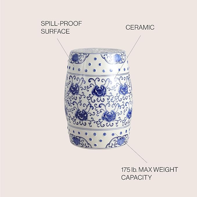 JONATHAN Y TBL1000A Lotus Flower 17.8" Chinoiserie Ceramic Drum Indoor/Outdoor Garden Stool Bohemian, Coastal, Classic, Cottage, French Country, Traditional, Bathroom, Garden Room, Patio, Blue/White - Image 5