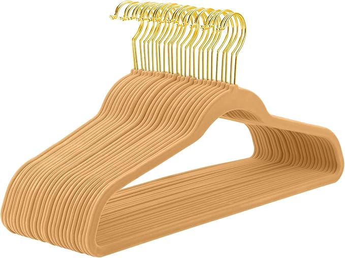 MIZGI Camel Velvet Hangers 60 Pack, Premium Gold Clothes Hangers Non-Slip Felt by MIZGI