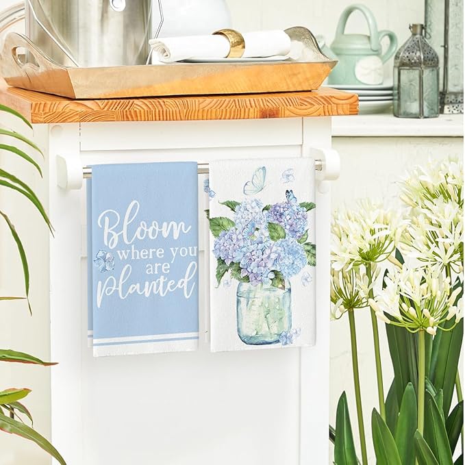 Artoid Mode Blue Hydrangea Motto Spring Kitchen Towels Dish Towels, 18x26 Inch - Image 4