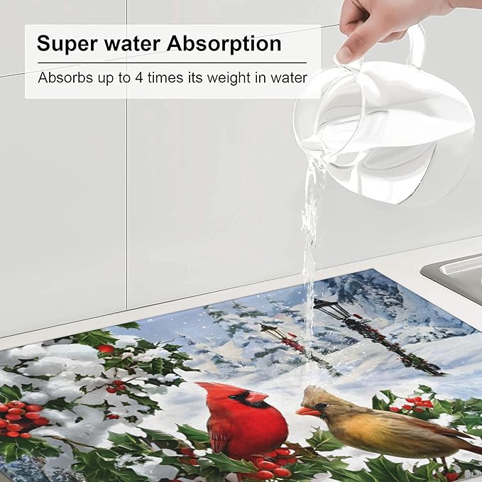 Kitchen Drying Mat Winter Cardinal Birds Microfiber Dish Drainer Mat - Image 6