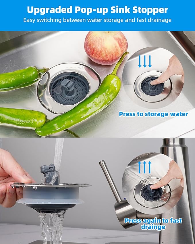 Hibbent 3 in 1 Kitchen Sink Drain Strainer and Stopper Combo, Chrome Stainless - Image 3