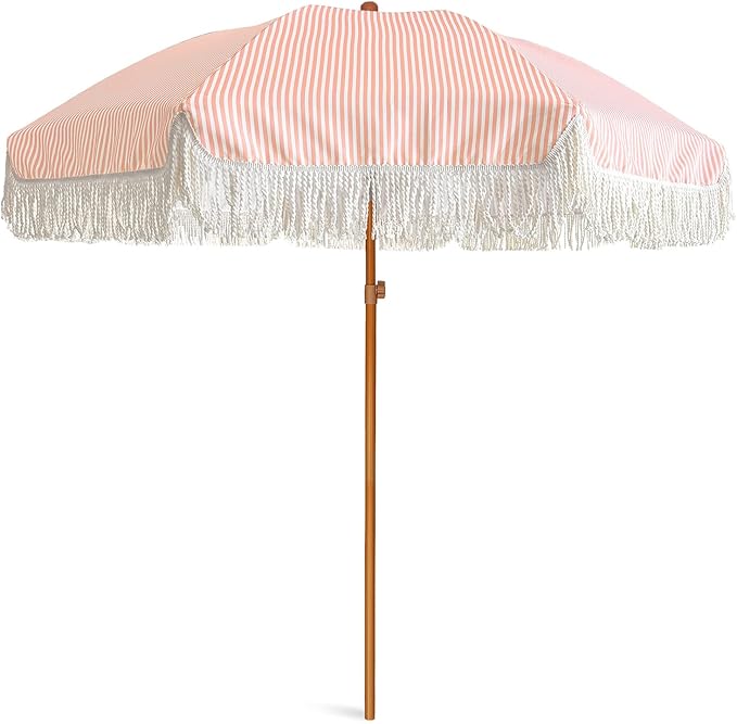 AMMSUN 7ft Patio Umbrella with Fringe Outdoor Tassel Umbrella UPF50+ Premium Steel Pole and Ribs Push Button Tilt, Pink Stripe by AMMSUN