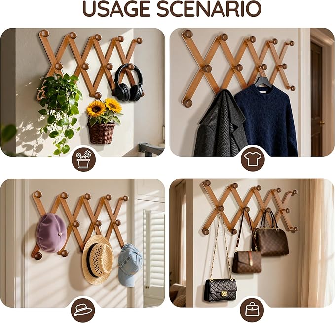 WGFKVAS Hat Rack for Wall with 14 Hooks, Solid Wooden, Expandable Coat Rack - Image 8