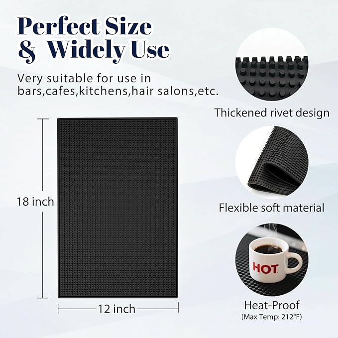 6 Pack Rubber Bar Mats for Countertop 18x12 Inch Black Silicone Coffee Bar Mats - Image 3