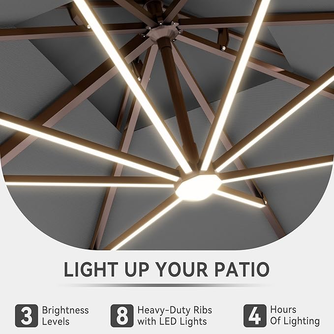 10 X 13 FT Cantilever Outdoor Patio Umbrella with Led Lights Large Heavy Duty 360° Rotation Double Top Offset Rectangular Umbrellas for Backyard Garden Pool Outside Deck, Grey - Image 4