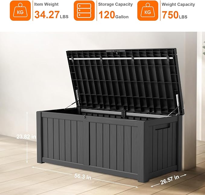 DRATO 120 Gallon Large Deck Box, Outdoor Storage Box for Patio Furniture, Patio Cushions, Gardening Tools, Pool Supplies,660lbs Weight Capacity,Waterproof Resin Storage Boxes（Black，120 Gallon） - Image 2