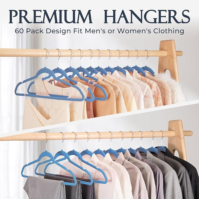 HOUSE DAY Tranquil Blue Velvet Hangers 60 Pack, Non Slip Clothes Felt Hanger - Image 8