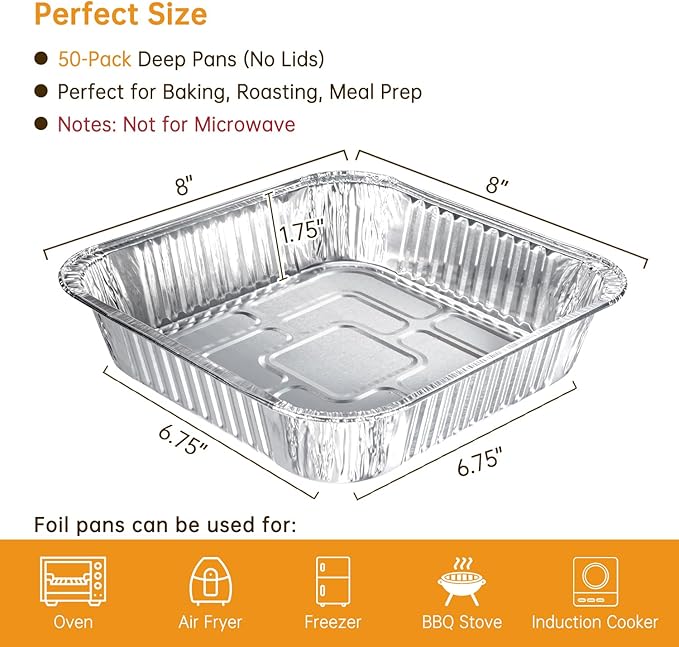 Aluminum Pans 8x8-50 Pack Disposable Baking Pans, 8 Inch Square Tin Foil Pans - Image 3