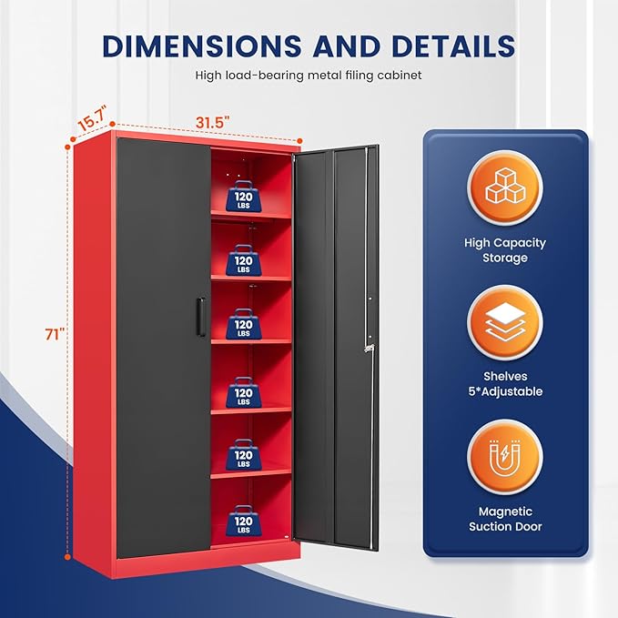 Yizosh Metal Garage Storage Cabinet with 2 Doors and 5 Adjustable Shelves - 71" Steel Lockable File Cabinet,Locking Tool Cabinets for Office,Home,Garage,Gym,School (Red Black) - Image 3