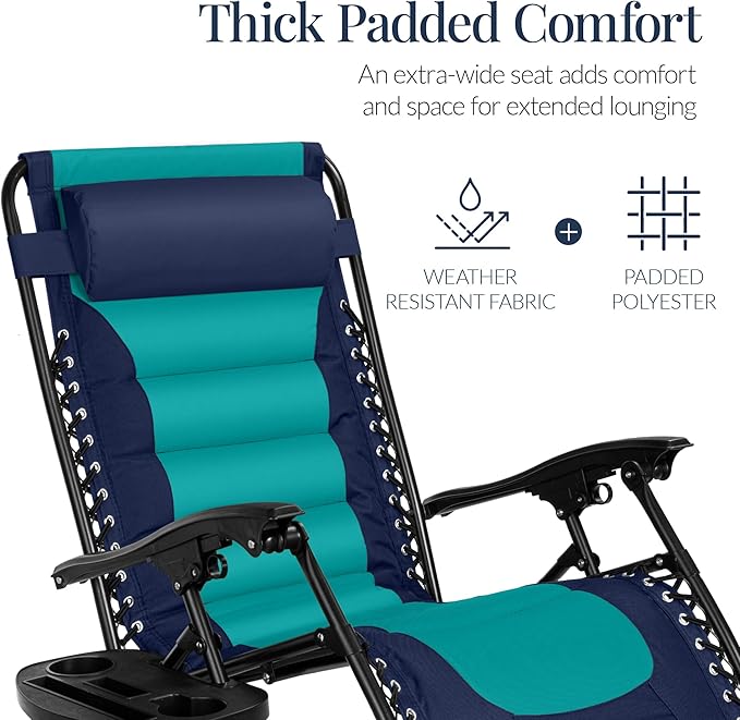 Best Choice Products Oversized Padded Zero Gravity Chair, Folding Outdoor Patio Recliner, XL Anti Gravity Lounger for Backyard w/Headrest, Cup Holder, Side Tray, Polyester Mesh - Navy/Teal - Image 5