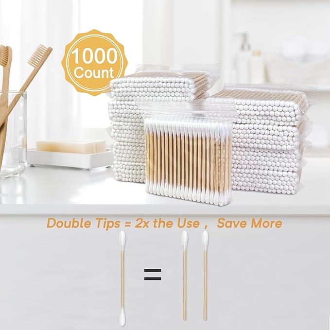 Bamboo Cotton Swabs 1000 Count in Storage Box, Double-Tipped Organic Cotton Buds - Image 3