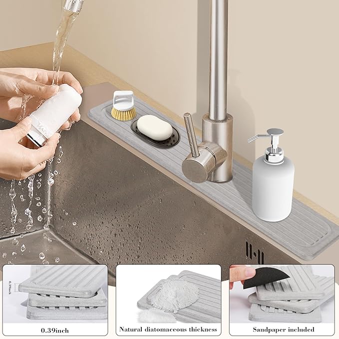 Stone Faucet Mat for Kitchen Sink, 15.7" Diatomite Drying Stone Kitchen Sink - Image 6