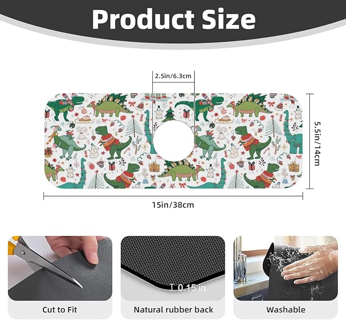 Dinosaur Christmas Happy New Year Kitchen Sink Splash Guard Faucet Mat Super - Image 2