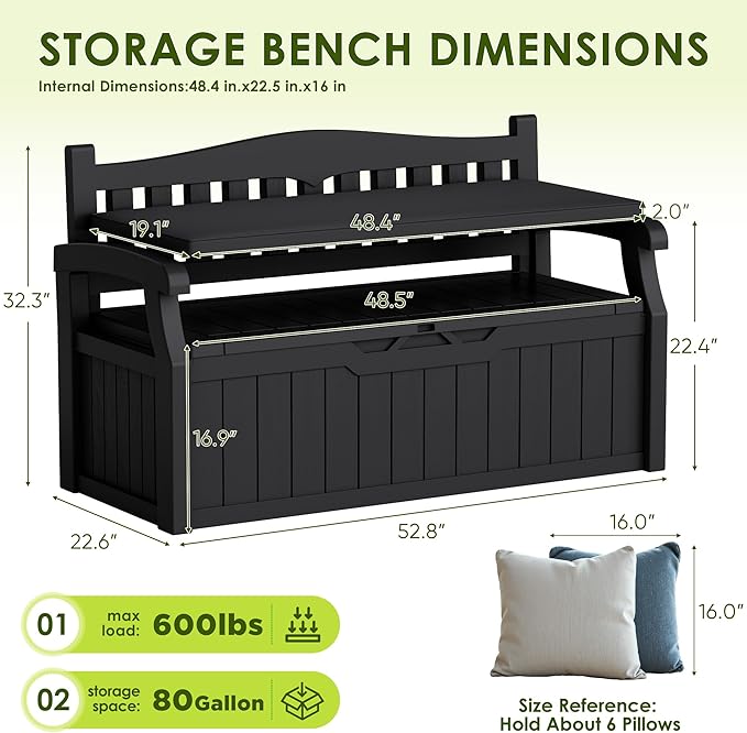 Greesum 80 Gallon Heavy-Duty Outdoor Storage Bench with Cushion, UV-Resistant Resin Bench with Armrest, Deck Box for Garden, Poolside, Patio, Black - Image 3