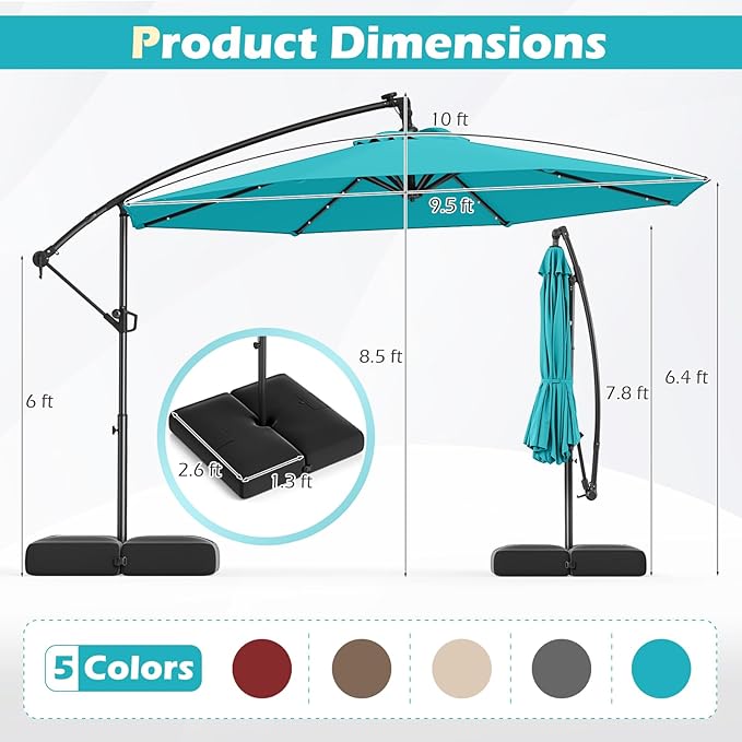 Tangkula 10ft Solar LED Patio Umbrella with Base, Offset Cantilever Outdoor Umbrella with 32 LED Lights, Infinite Tilt, 360 Degree Rotation, Crank Handle for Pool Deck Garden Backyard (Turquoise) - Image 4