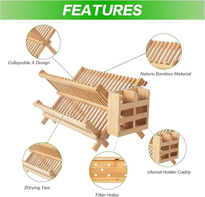 Bamboo Dish Drying Rack-2 Tier, Collapsible Small Dish Rack - Image 4