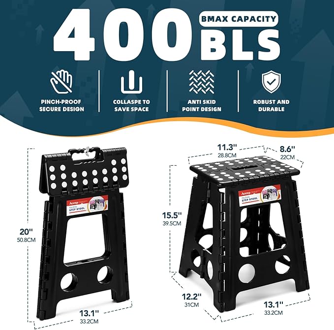ACSTEP Folding Step Stool 16 Inch Heavy Duty Step Stool Foldable for Adults and Kids, Collapsible Stepping Stool with Handle, Non Slip Folding Stools for Kitchen Hold Up to 400lbs (Black 1PC) - Image 6