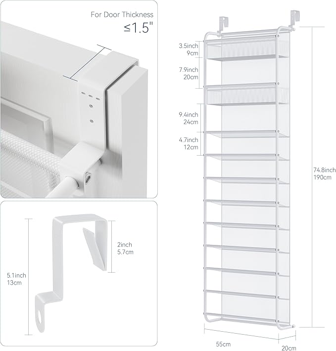 Whitmor 27 Pair Over The Door Shoe Organizer, 11 Tier Hanging Shoe Organizer - Image 2