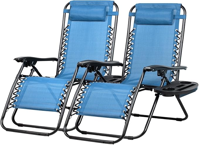 Nazhura Set of 2 Relaxing Recliners Patio Chairs Adjustable Steel Mesh Zero Gravity Lounge Chair Beach Chairs with Pillow and Cup Holder (Sky Blue) by NazhuraGoodCompanionAtHome