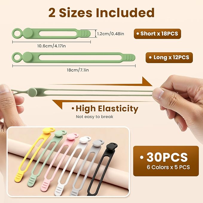 30 Pcs Silicone Cable Ties, Reusable Data Cable Organizer Wire Organizers - Image 2