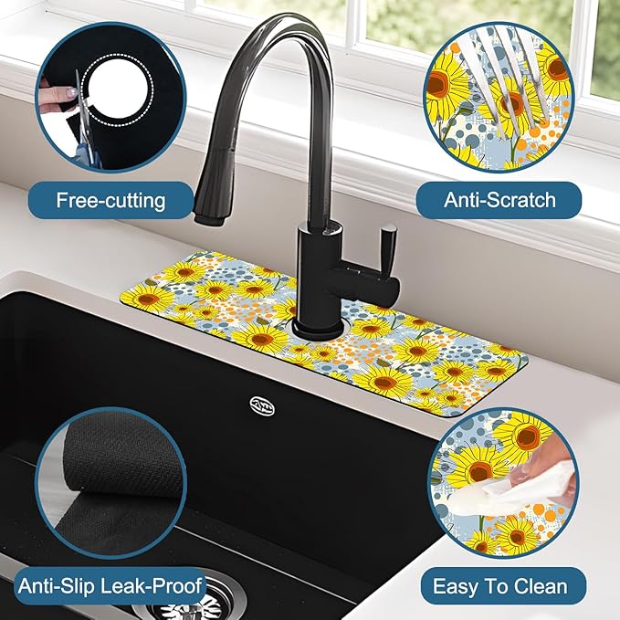 Watercolor Sunflowers Sink Faucet Absorbing Mat Sunflowers Polka Dots Super - Image 4