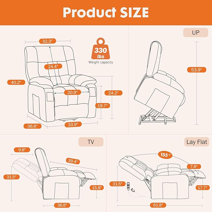 Sweetcrispy Power Lift Recliner Chair with Vibration Massage and Heat for Adults, Ergonomic Overstuffed Breathable Fabric Reclining Chair with Side Pockets, Remote Control, Living Room, Bedroom, Brown - Image 7