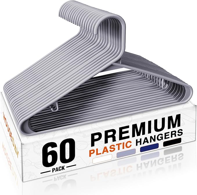 HOUSE DAY Grey Plastic Hangers 60 Pack, Non-Slip Plastic Hanger by HOUSEDAY