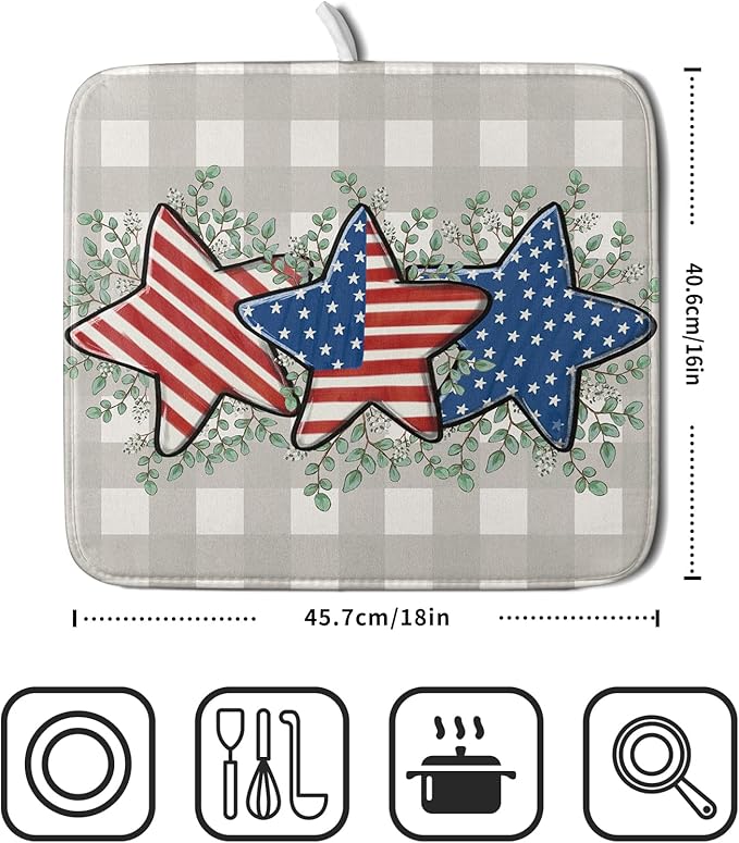 Patriotic Dish Drying Mat for Kitchen Counter Cute Stars 4th of July Holiday - Image 2